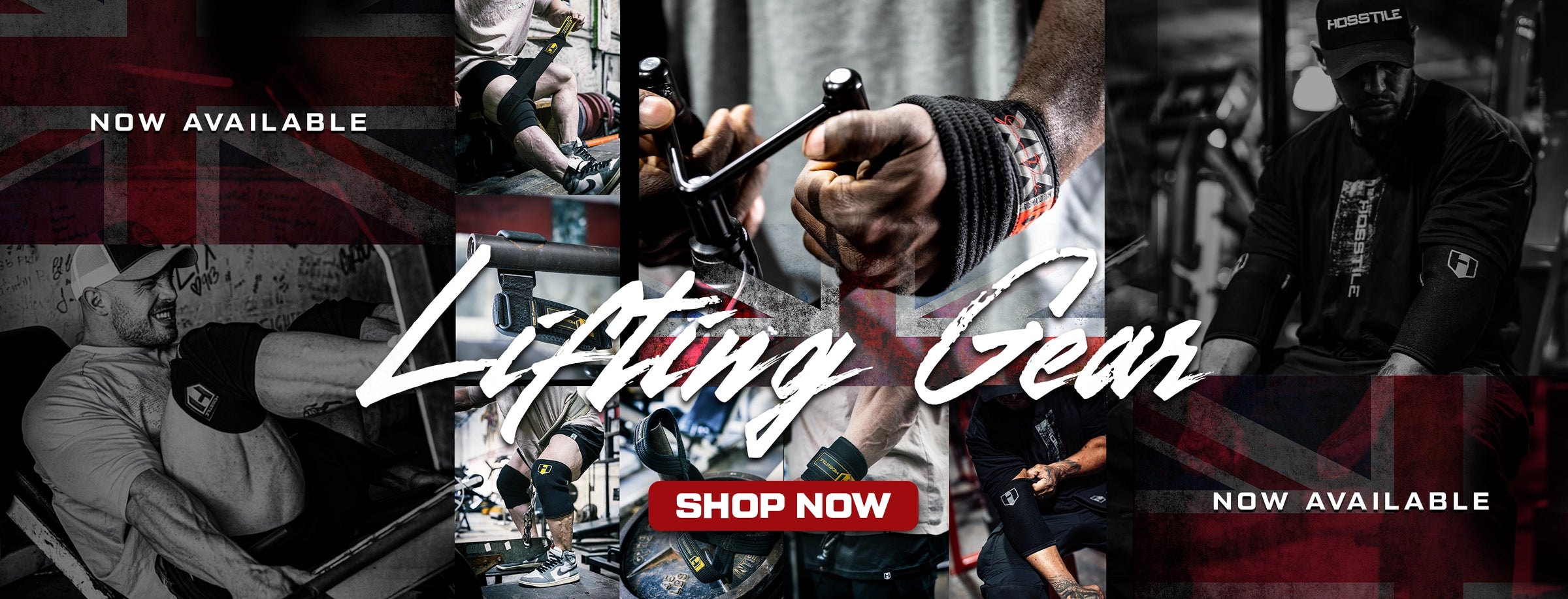 Promotional banner for lifting gear with text and images of people lifting weights.