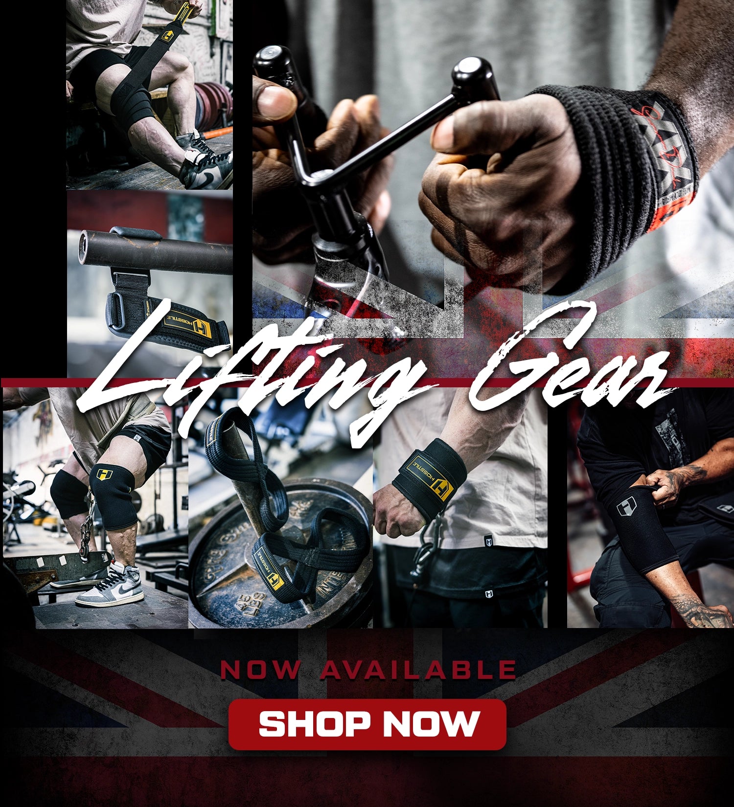 Promotional image for lifting gear with text 'Lifting Gear Now Available Shop Now' featuring gym equipment and a person lifting weights.