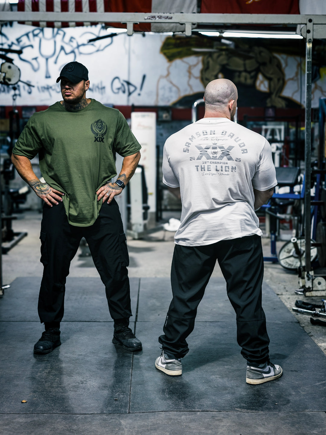 Bodybuilders Ben Chow and Martin Fitzwater wearing the Samson Dauda Olympia Edition Vintage T-Shirt